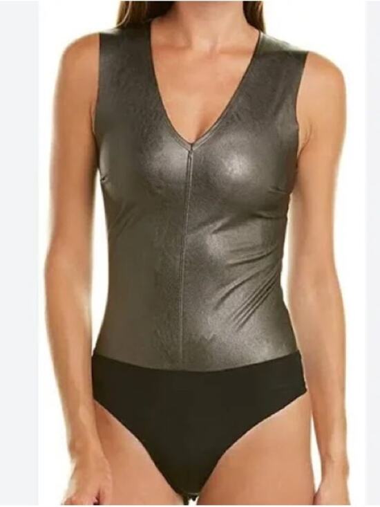 Commando Tops - Commando faux leather Sleeveless V-Neck Shapewear Bodysuit in Metallic gunmetal